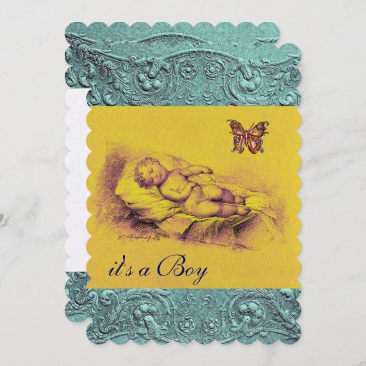 緩む子供、蝶の黄色の青の赤ちゃんシャワー 招待状 (正面/裏面)