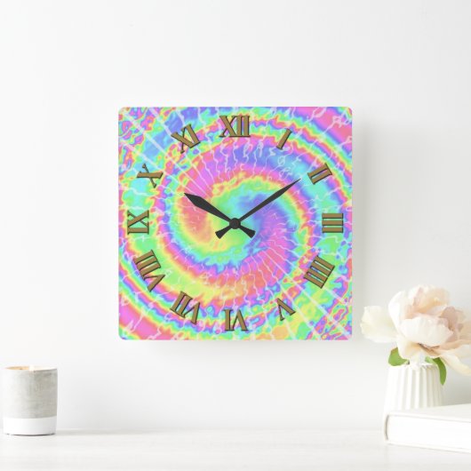 緩和曲線万華鏡のように千変万化するパターン絞り染めのローマ数字 スクエア壁時計 (ホーム)