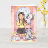 練習は完全に-バイオリンの女の子の挨拶状作ります カード (黄色い花)