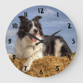 縁どかわいらしCollie on Straw Bale Clock ラージ壁時計