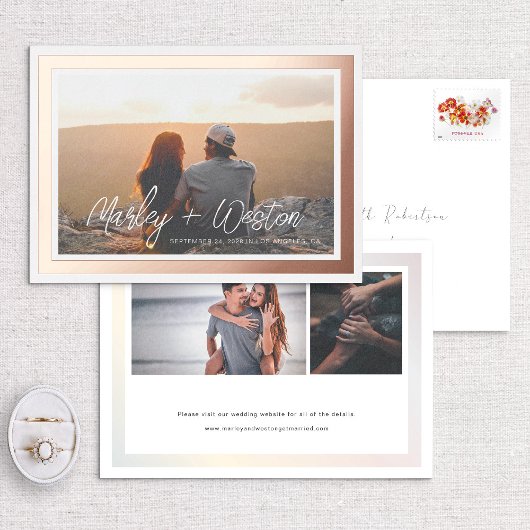 縁どはっきりした手書き名写真の日付を保存 箔招待状