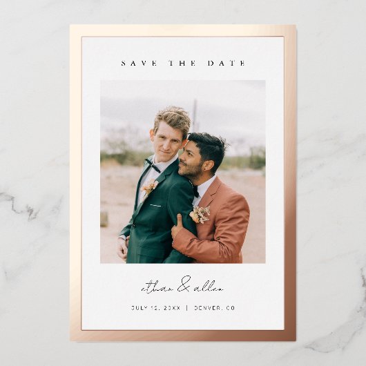 縁どはっきりしたFoil Save the Date ミニマル Photo Cards 箔招待状 (正面)