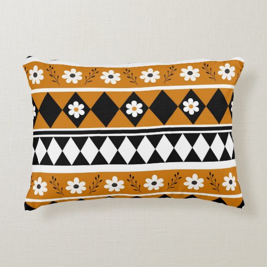 縁どストライプ花ダイヤモンドボホ花柄 アクセントクッション (正面)