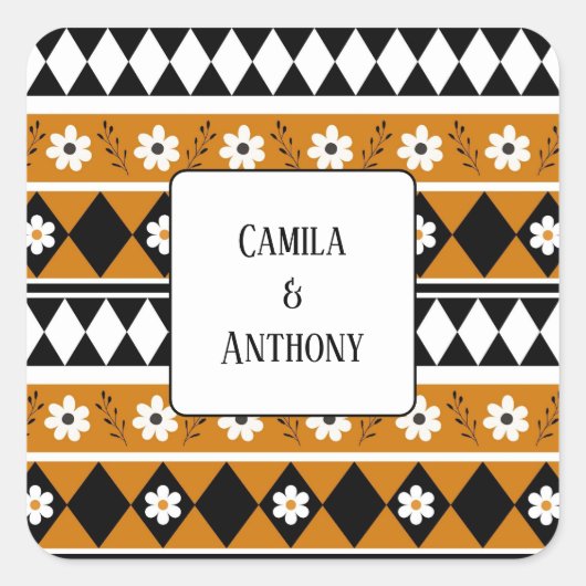 縁どストライプ花ダイヤモンドボホ花柄 スクエアシール (正面)