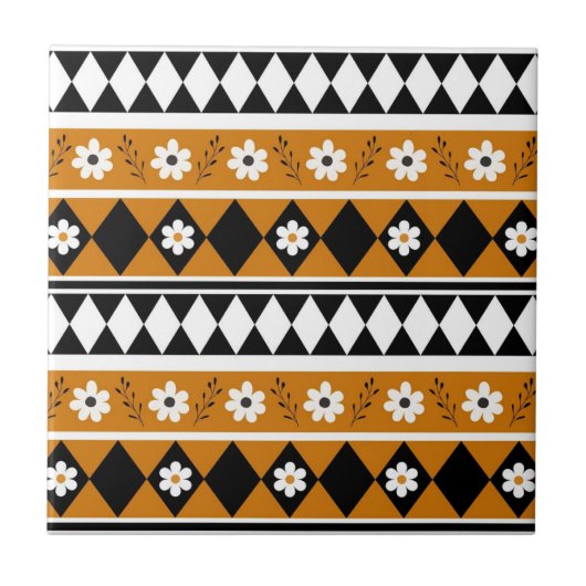 縁どストライプ花ダイヤモンドボホ花柄 タイル (正面)