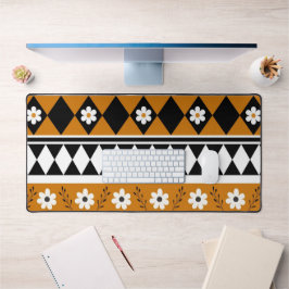 縁どストライプ花ダイヤモンドボホ花柄 デスクマット