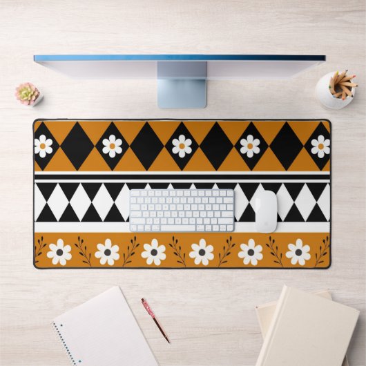 縁どストライプ花ダイヤモンドボホ花柄 デスクマット (オフィス1)