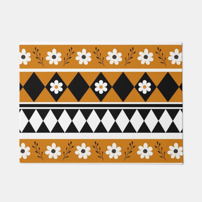 縁どストライプ花ダイヤモンドボホ花柄 ドアマット (正面)