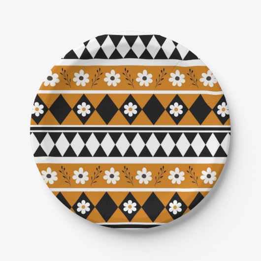 縁どストライプ花ダイヤモンドボホ花柄 ペーパープレート (正面)