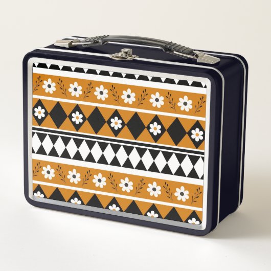 縁どストライプ花ダイヤモンドボホ花柄 メタルランチボックス (正面)