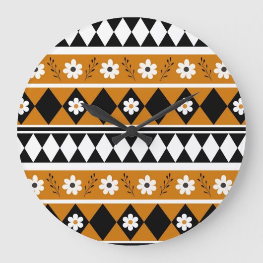 縁どストライプ花ダイヤモンドボホ花柄 ラージ壁時計 (正面)