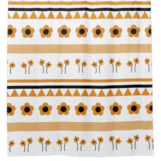 縁どストライプ花三角形ボホ模様 シャワーカーテン (正面)