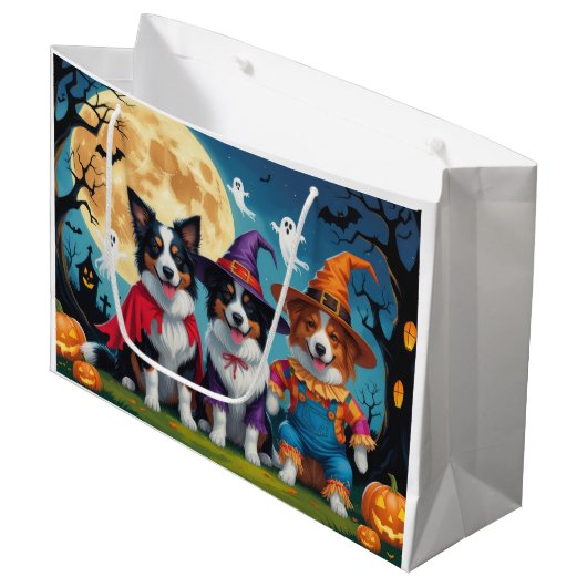 縁どドッグズパンプキンハロウィンおもしろい ラージペーパーバッグ (正面アングル)
