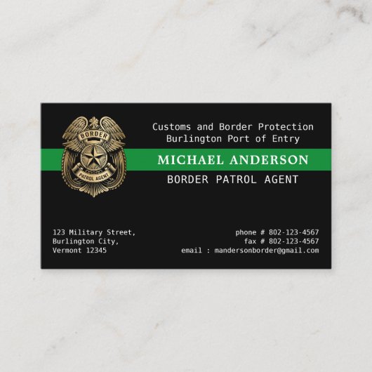 縁どパトロール薄い緑の線軍隊警察ロゴ 名刺 (正面)