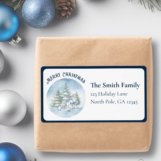 縁ど水色のウッドランド動物クリスマス ラベル