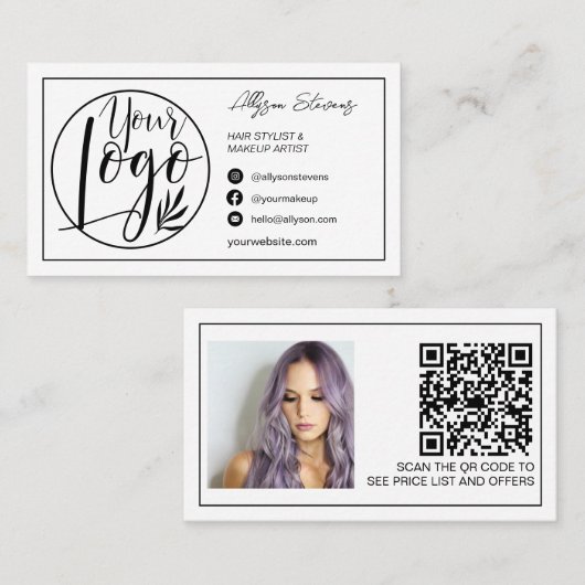 縁ど白黒ヘアメイクフォトロゴqrコード 名刺 (正面/裏面)
