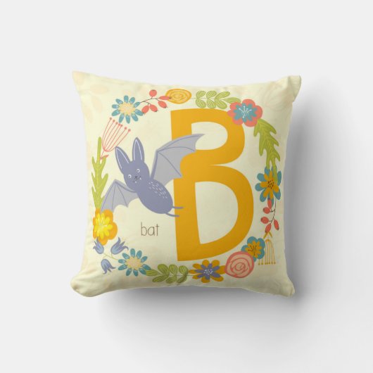 縁ど花の黄色の赤アルファベット文字B クッション (正面)