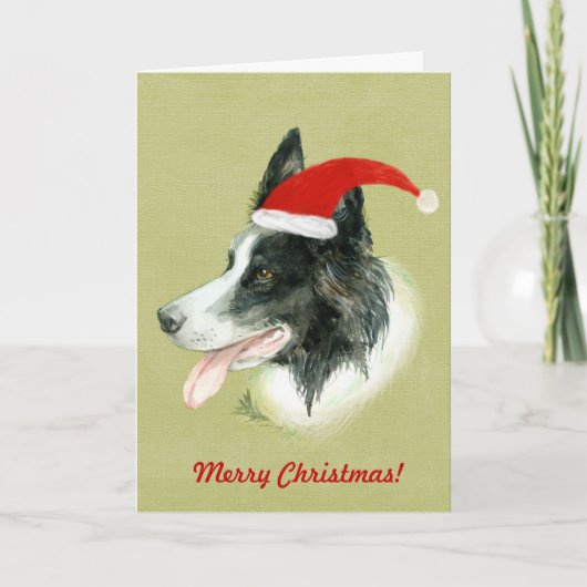 縁どCollie Dog w Christmas Santa Hat シーズンカード (正面)
