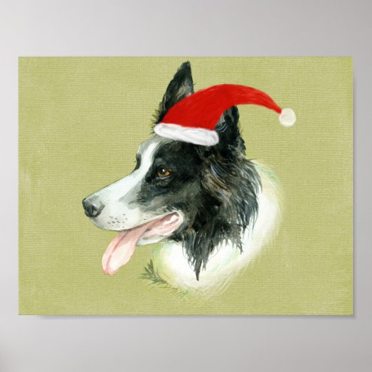 縁どCollie Dog w Christmas Santa Hat ポスター (正面)