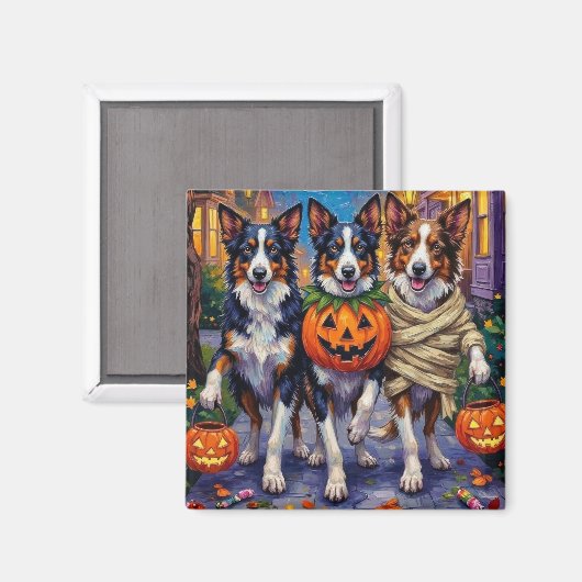 縁どCollie Dogs Trick-or-Treating in Halloween マグネット (正面/裏面)