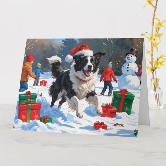 縁どCollie in Santa Hat遊's in Snow カード (黄色い花)