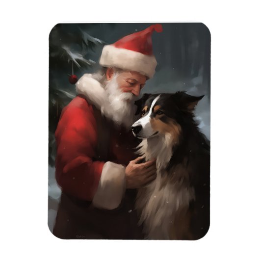 縁どCollie With Santa Clausフェスティバル マグネット (縦)