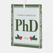 縁どGreen White Holly Name PhD卒業 ガラスオーナメント (正面左)
