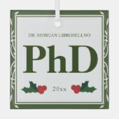 縁どGreen White Holly Name PhD卒業 ガラスオーナメント (正面)