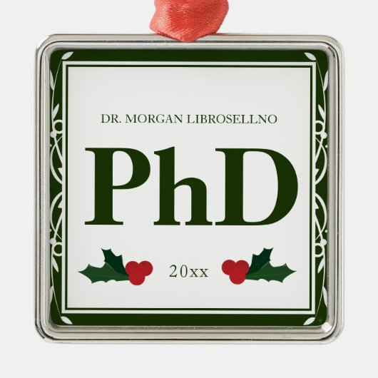 縁どGreen White Holly Name Year PhD Gradation メタルオーナメント (正面)