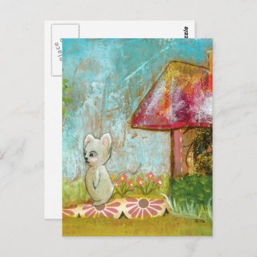 縁起の良い日 ファンタジーな森のネズミ フォークアート ポストカード (正面/裏面)