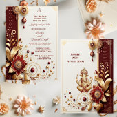 縁起の良い金ゴールド華美マルーンフローラモチーフインディアン 招待状