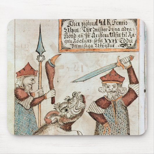 縛られたオオカミに彼の手を失っているNorseの神Tyr マウスパッド (正面)