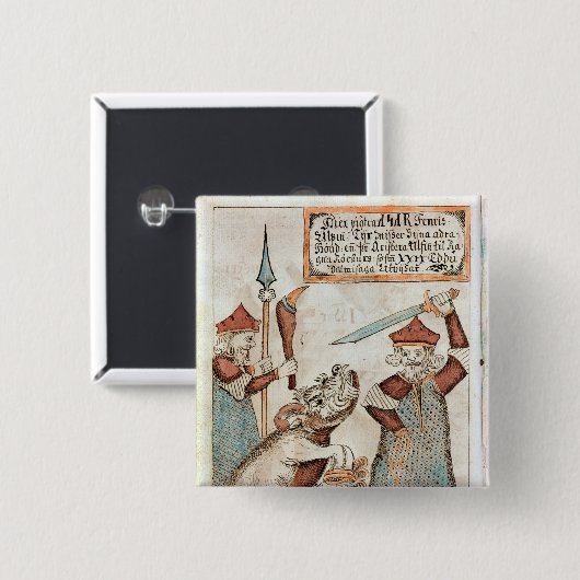 縛られたオオカミに彼の手を失っているNorseの神Tyr 缶バッジ (正面&裏面)