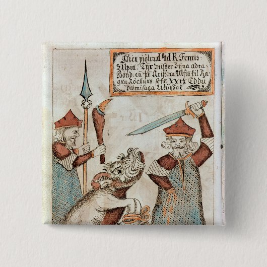 縛られたオオカミに彼の手を失っているNorseの神Tyr 缶バッジ (正面)