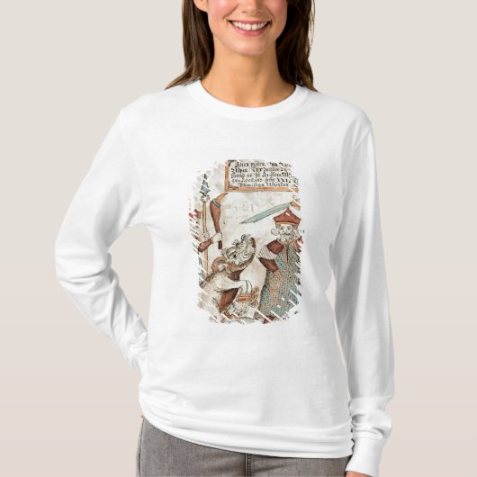 縛られたオオカミに彼の手を失っているNorseの神Tyr Tシャツ (正面)