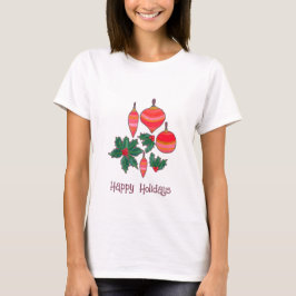 縞模様のオーナメントとクリスマスホリデーのホリー Tシャツ