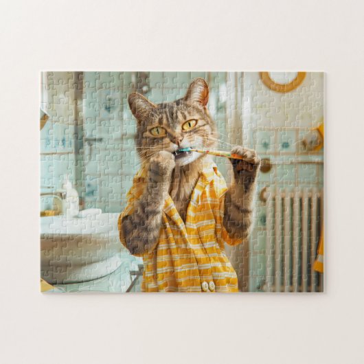 縞模様のパジャマを着た猫がバスルームで歯磨き ジグソーパズル (横)