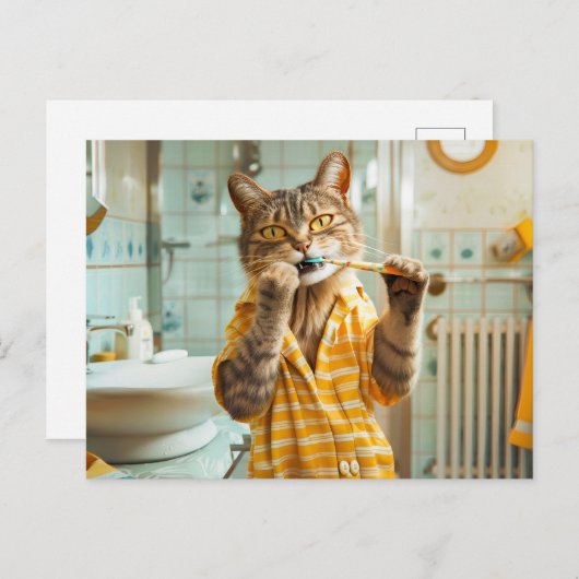 縞模様のパジャマを着た猫が歯を磨くバスルーム シーズンポストカード (正面/裏面)