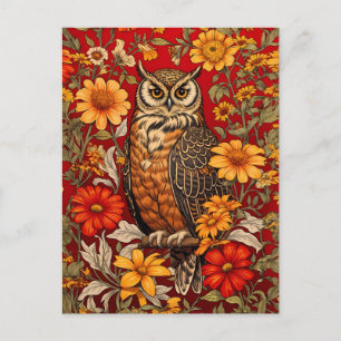 縞模様のフクロウとジニアの花 ポストカード