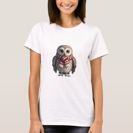 縞模様のマフラーをしたかわいいベイビーふくろう Tシャツ (正面)