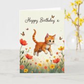 縞模様の子猫の誕生日カード カード (黄色い花)