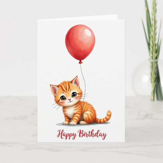 縞模様の子猫の風船の誕生日カード カード (正面)