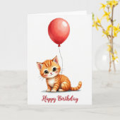 縞模様の子猫の風船の誕生日カード カード (黄色い花)