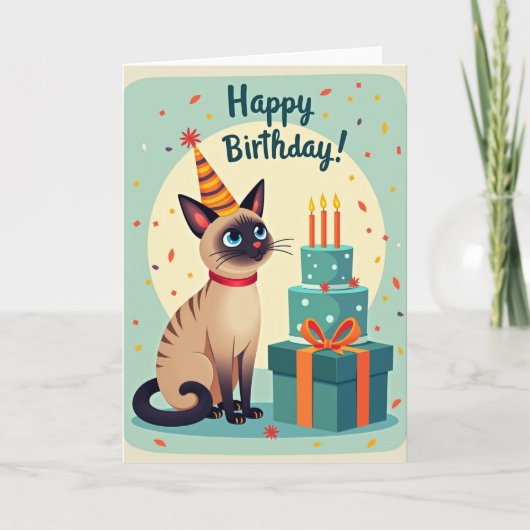 縞模様の帽子をかぶった猫の誕生日カード カード (正面)