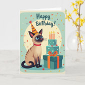 縞模様の帽子をかぶった猫の誕生日カード カード (黄色い花)