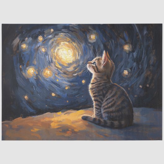 縞模様の猫が螺旋状の星空を眺める 薄葉紙 (正面)