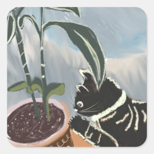 縞模様の猫が観葉植物を見つめる スクエアシール (正面)