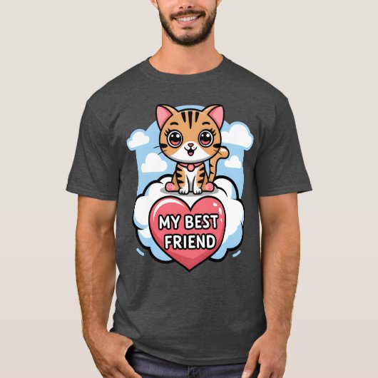 縞模様の猫 私の親友 ハートと雲のデザイン f tシャツ (正面)