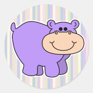 縞模様の背景とむらさき色の赤ちゃんカバ ラウンドシール