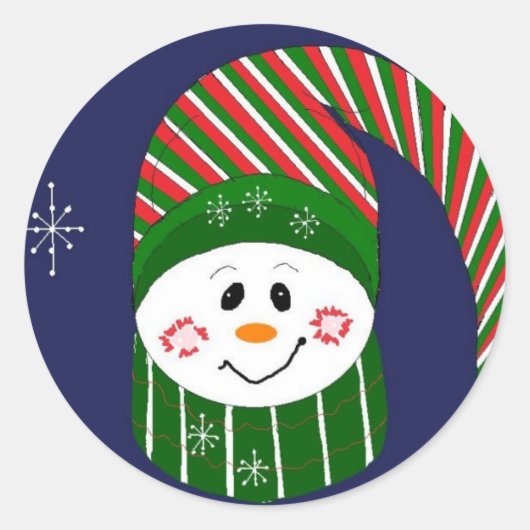 縞模様の長い帽子をかぶった雪だるま ラウンドシール (正面)